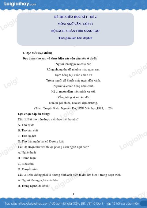 Đề thi giữa kì 1 Văn 11 Chân trời sáng tạo - Đề số 2